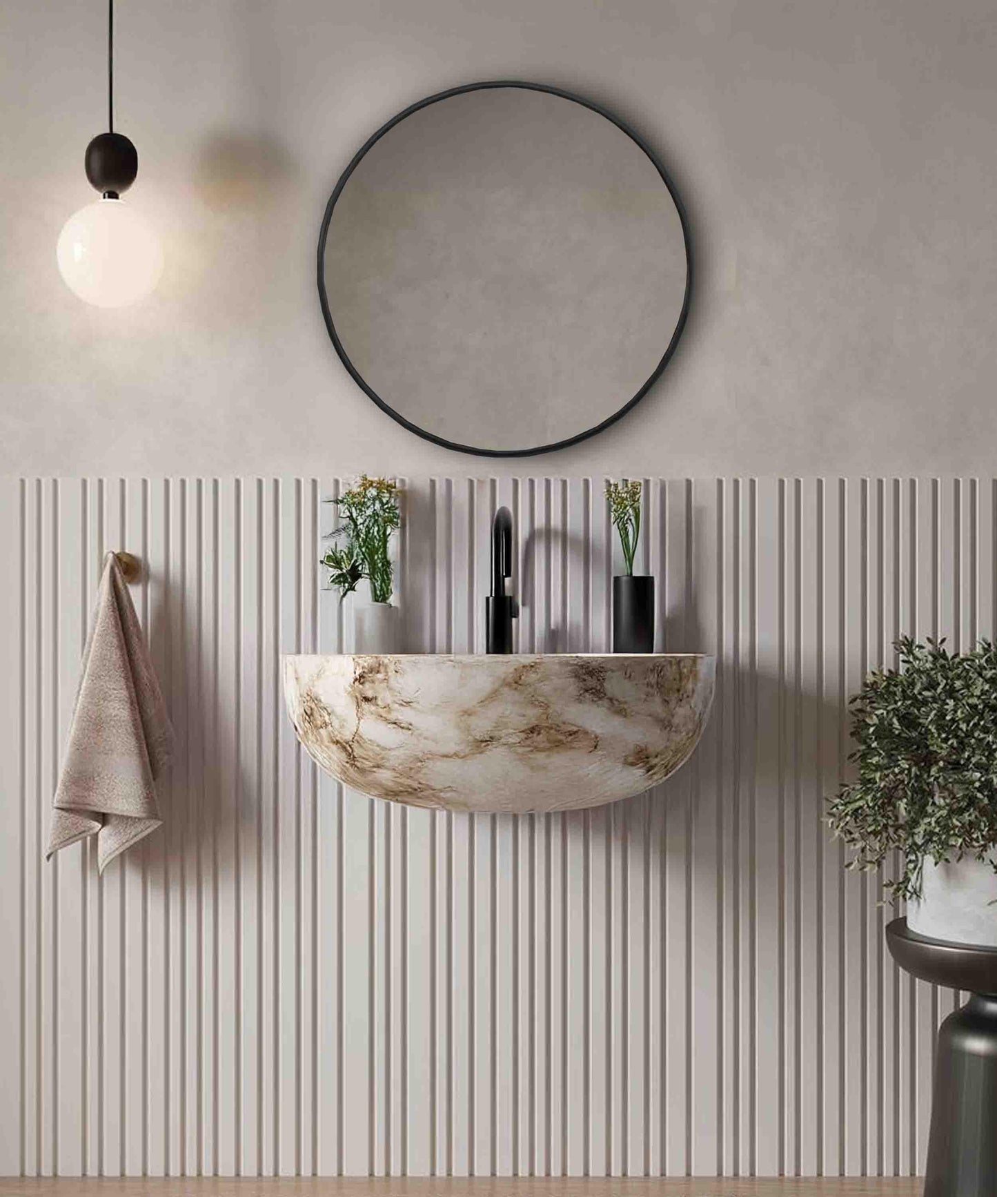 Black frame round mirror in bathroom