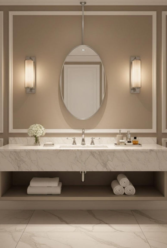 Oval Brass Mirror – Handmade Ceiling Suspended Bathroom Wall Mirror, Slim Oval Frame