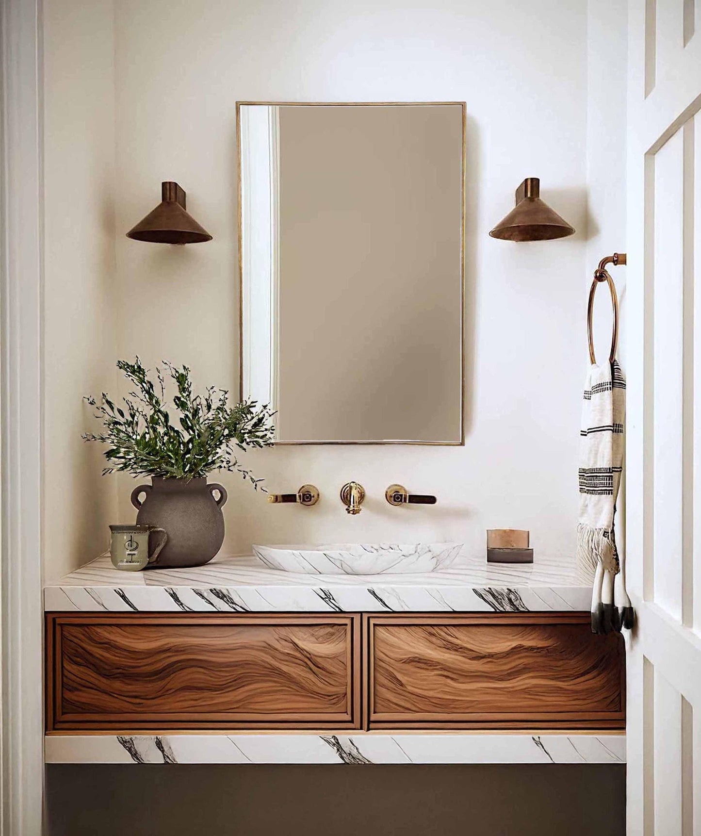 Rectangle brass mirror in a bathroom
