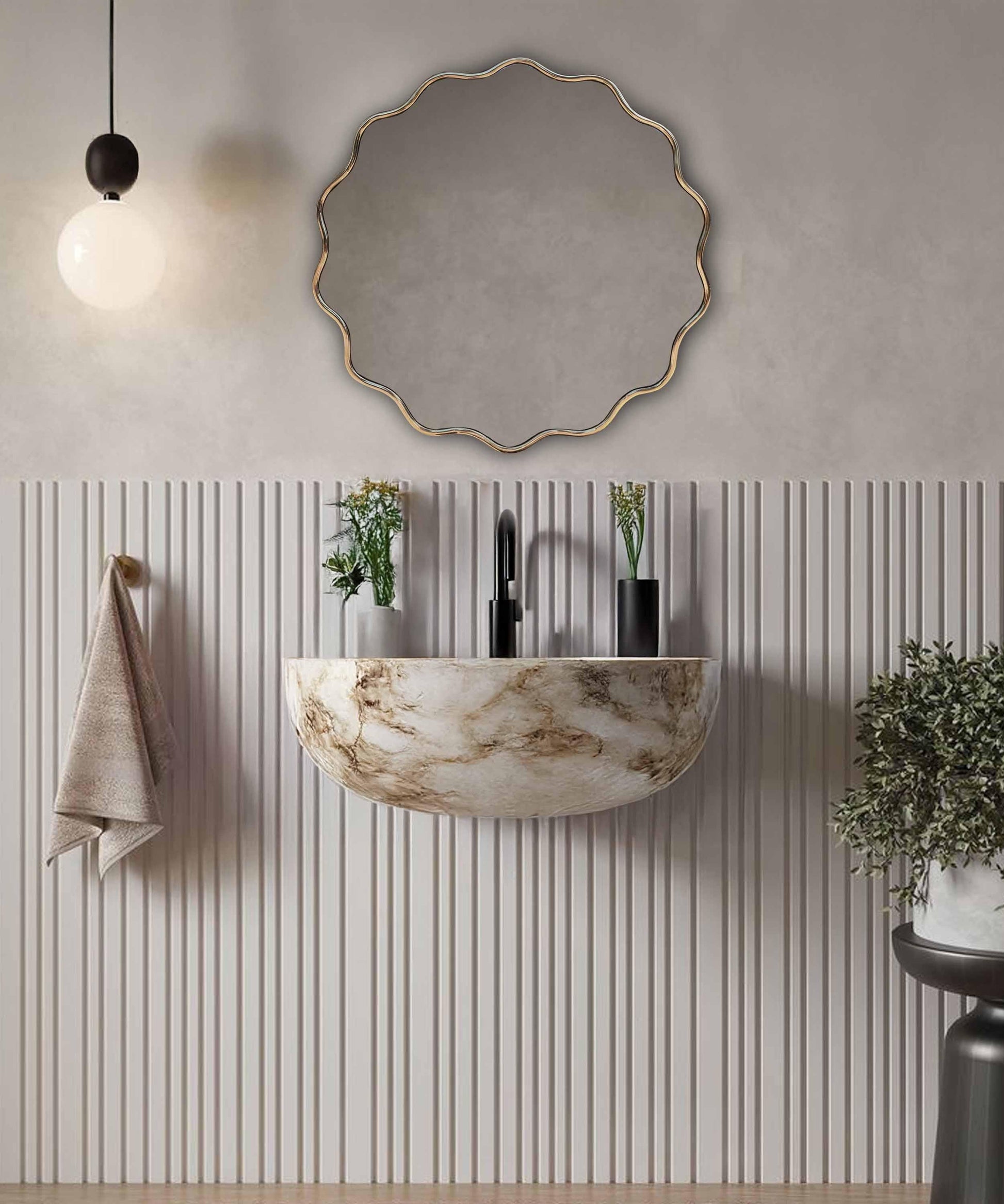 Curved edge mirror above basin