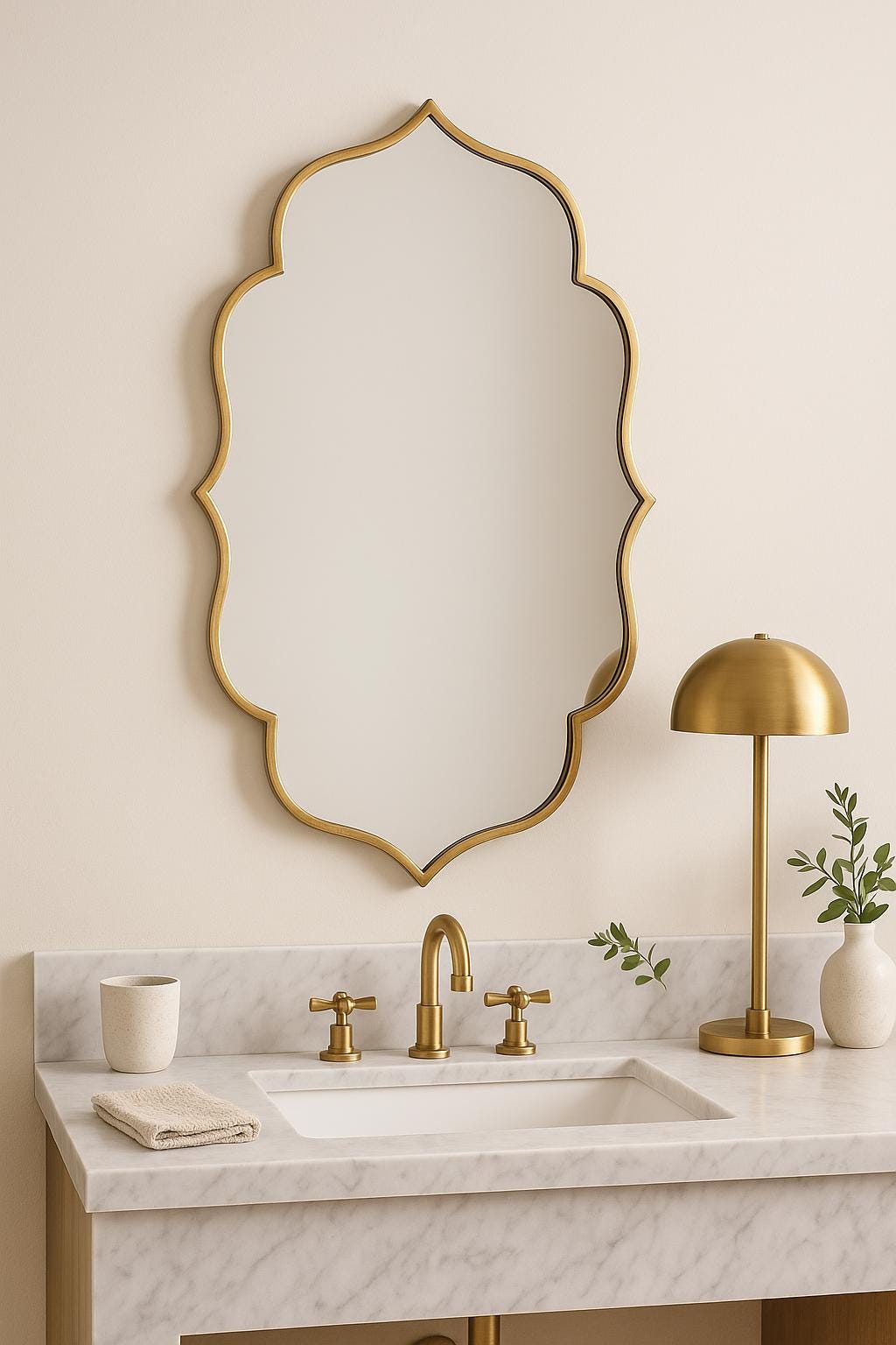 Brass scalloped mirror above a marble sink with matching brass faucet and table lamp on a neutral bathroom wall