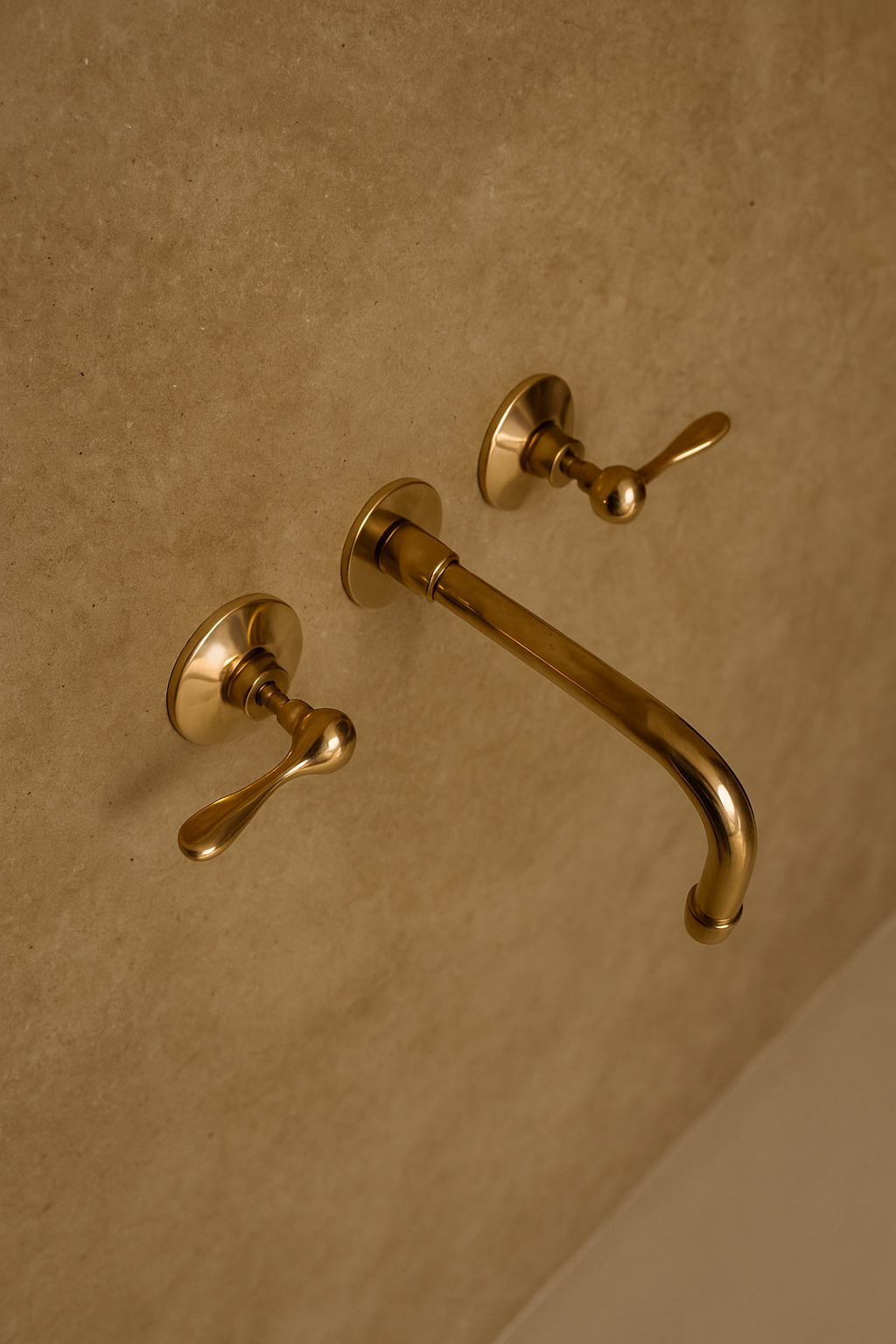 Wall-mounted brass bathroom faucet with curved spout and dual lever handles on a beige textured wall