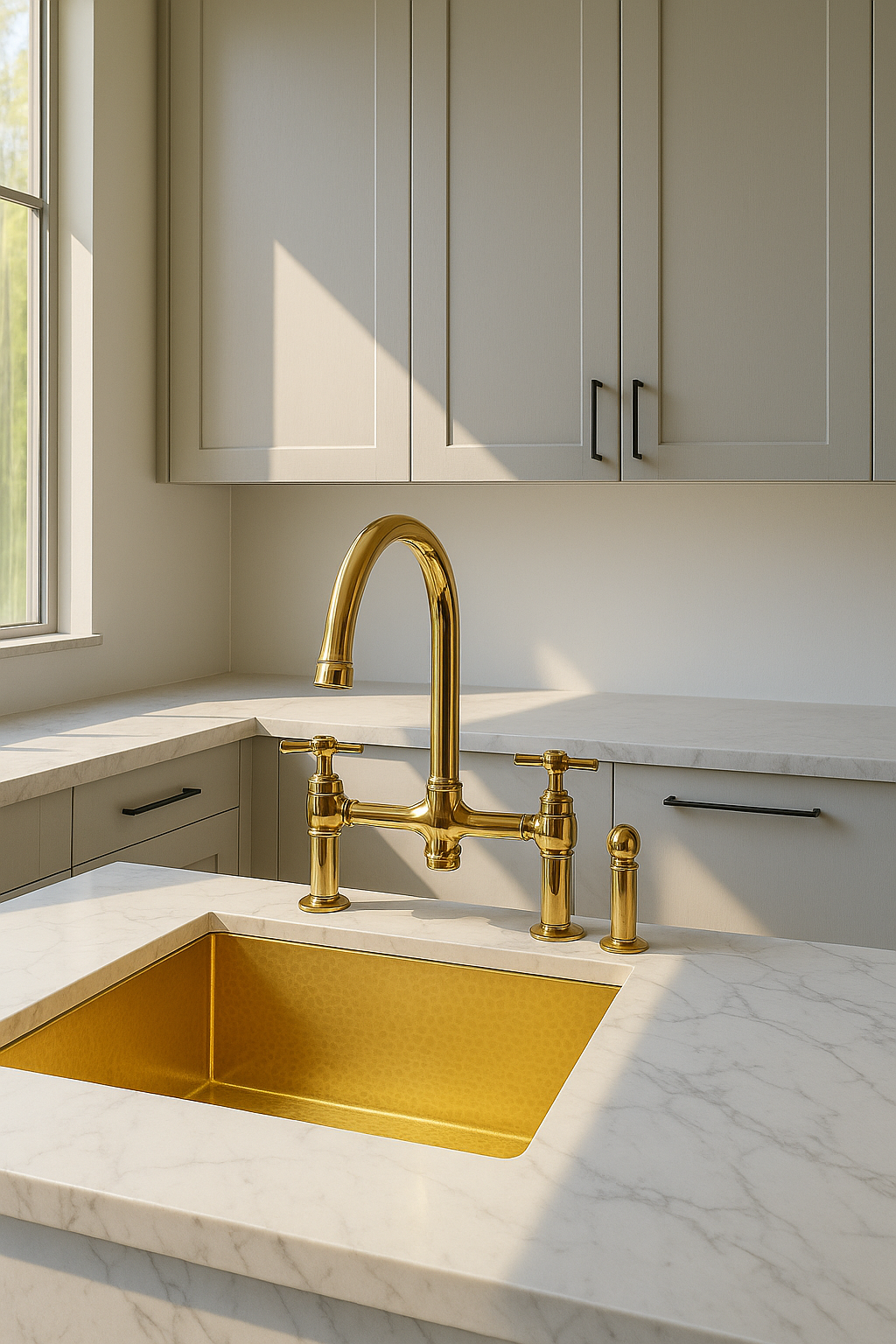 gold bridge faucet on an kitchen
