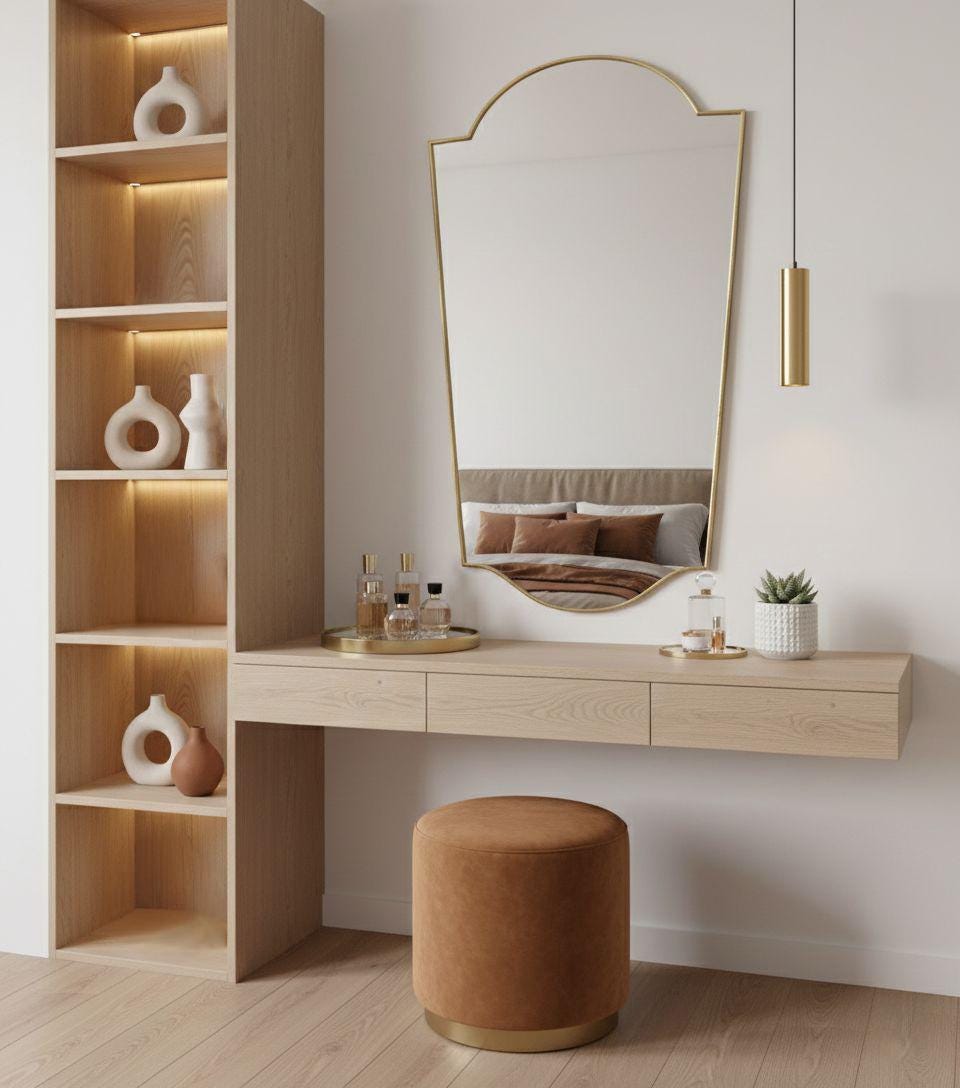 Asymmetrical brass mirror above wood vanity in bedroom