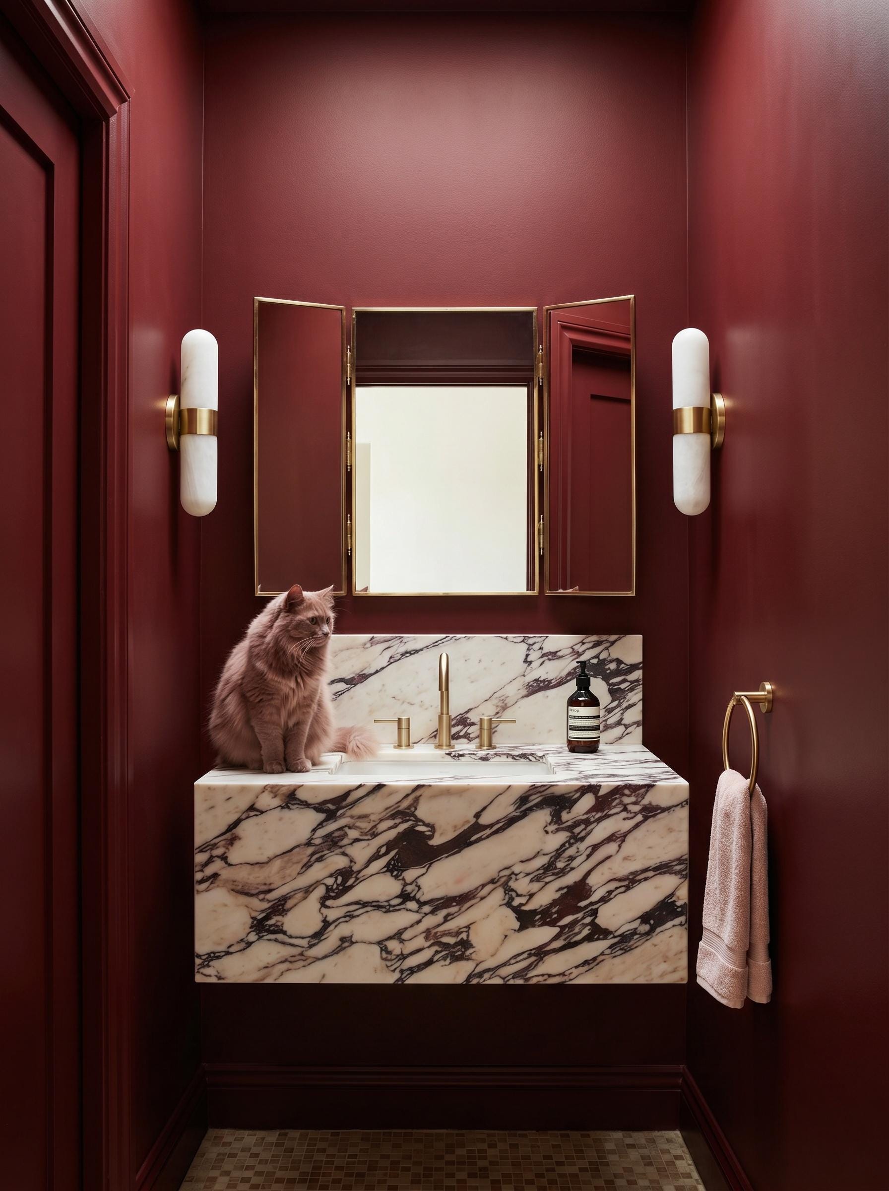 Brass folding mirror in red powder room with marble vanity