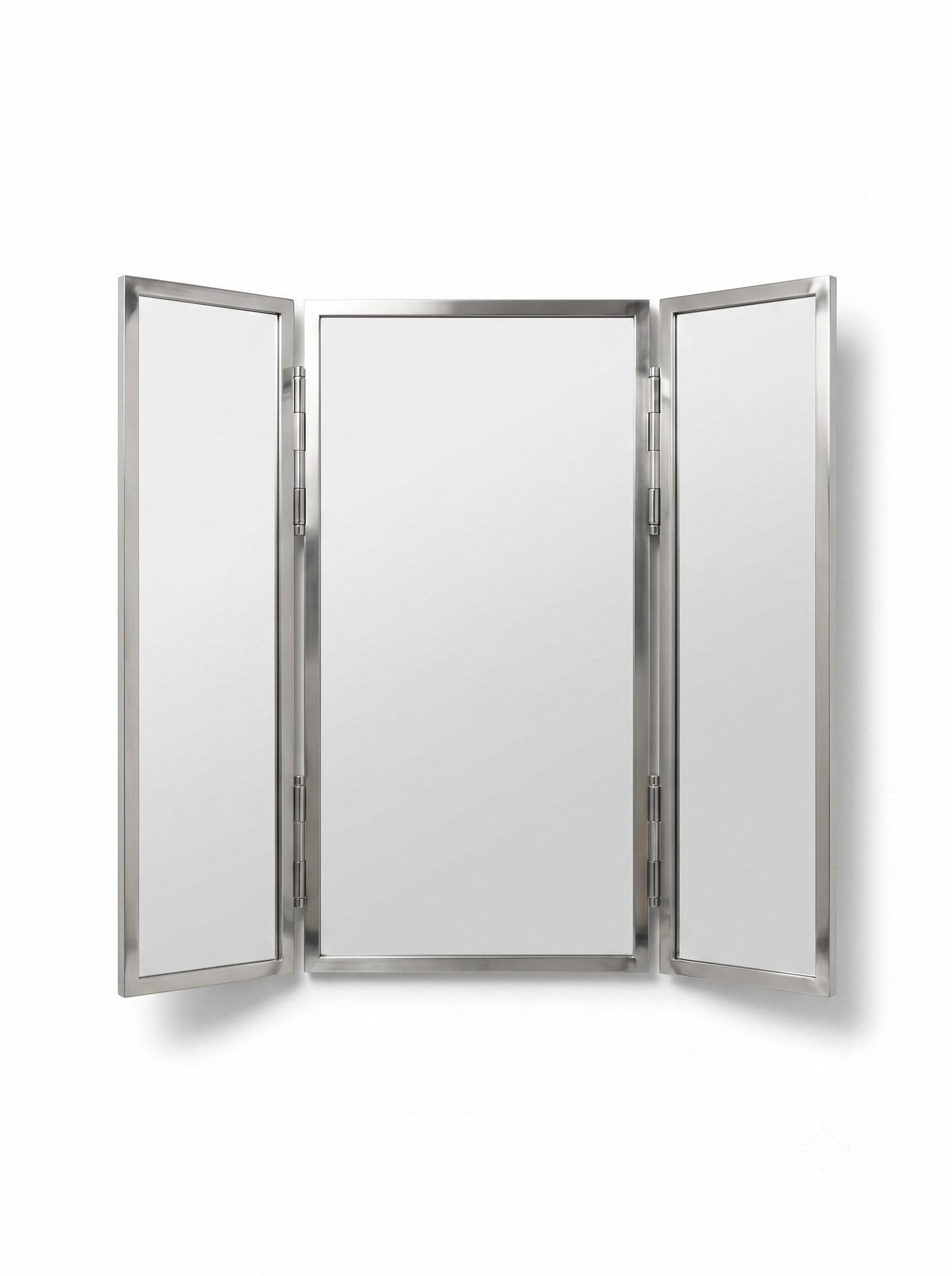 Open silver triptych mirror with adjustable side panels.