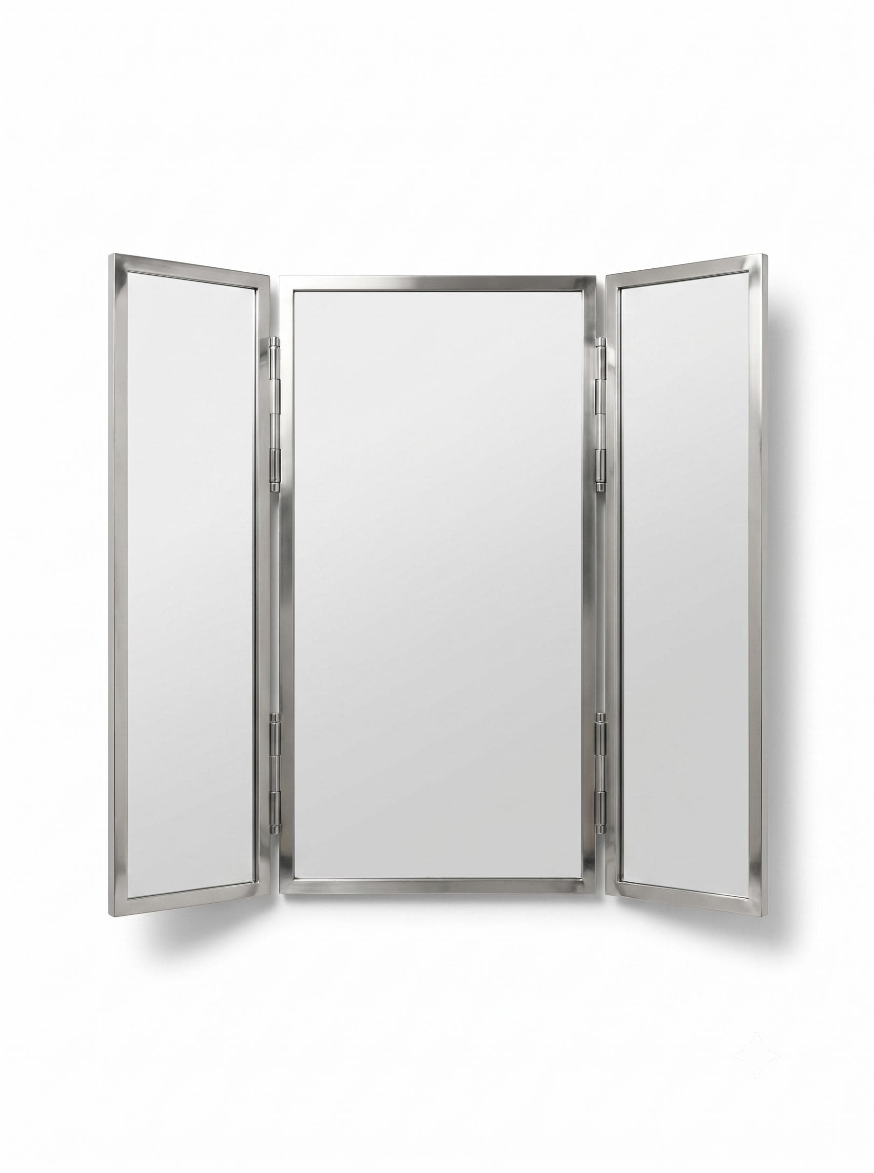 Open silver triptych mirror with adjustable side panels.
