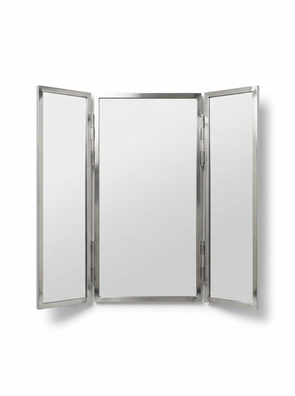 Open silver triptych mirror with adjustable side panels.