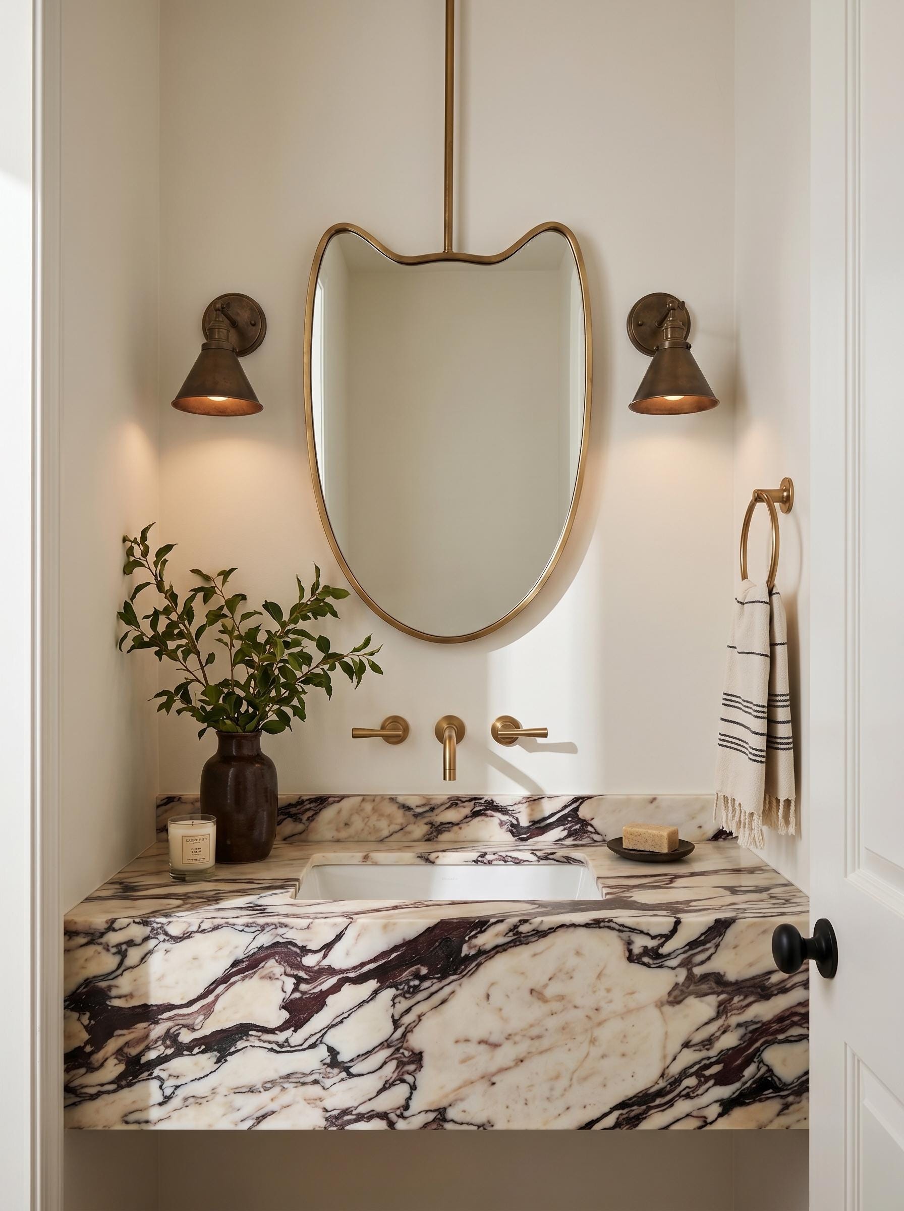 Handmade brass hanging mirror with sculptural organic silhouette