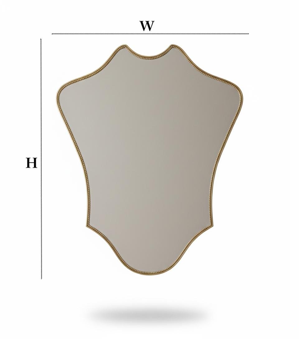 Curved shield brass mirror size and dimensions diagram