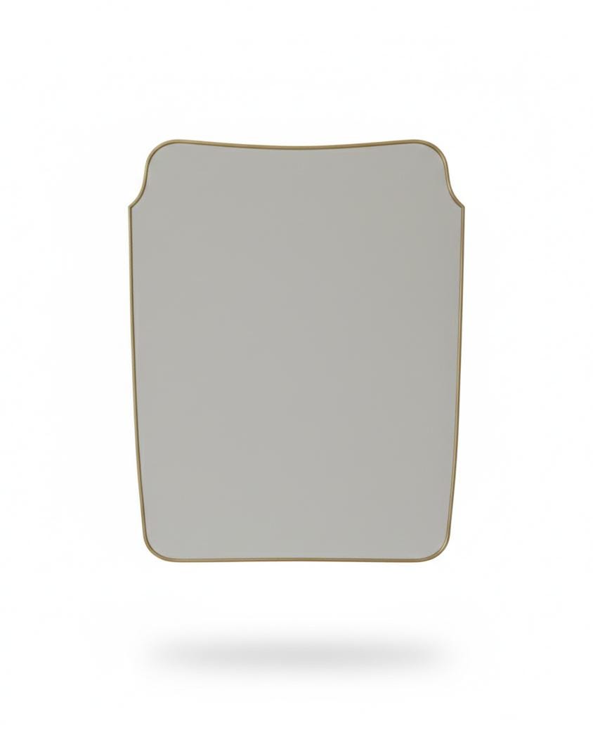 Irregular square unlacquered brass wall mirror on white background