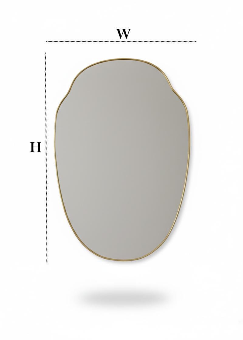 Irregular oval brass mirror with width and height dimensions diagram