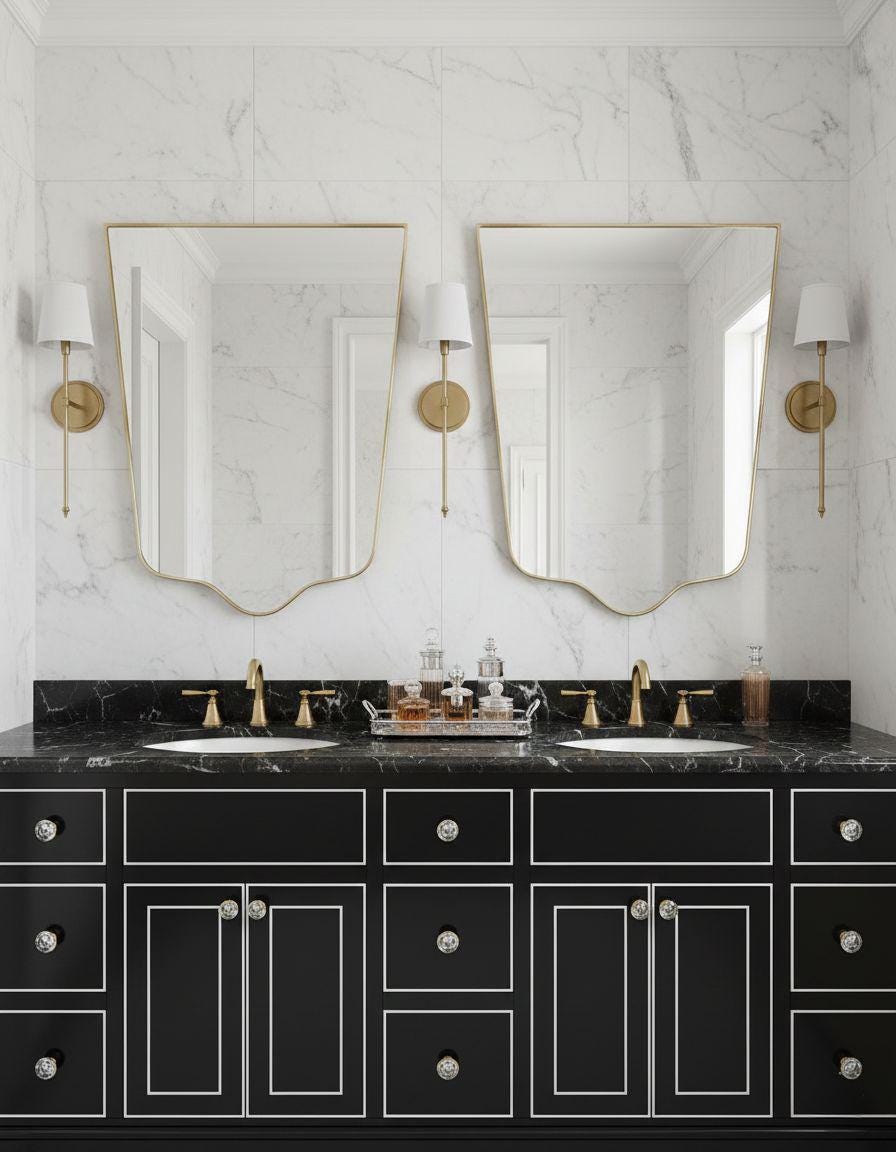 Double shield brass mirrors in marble bathroom