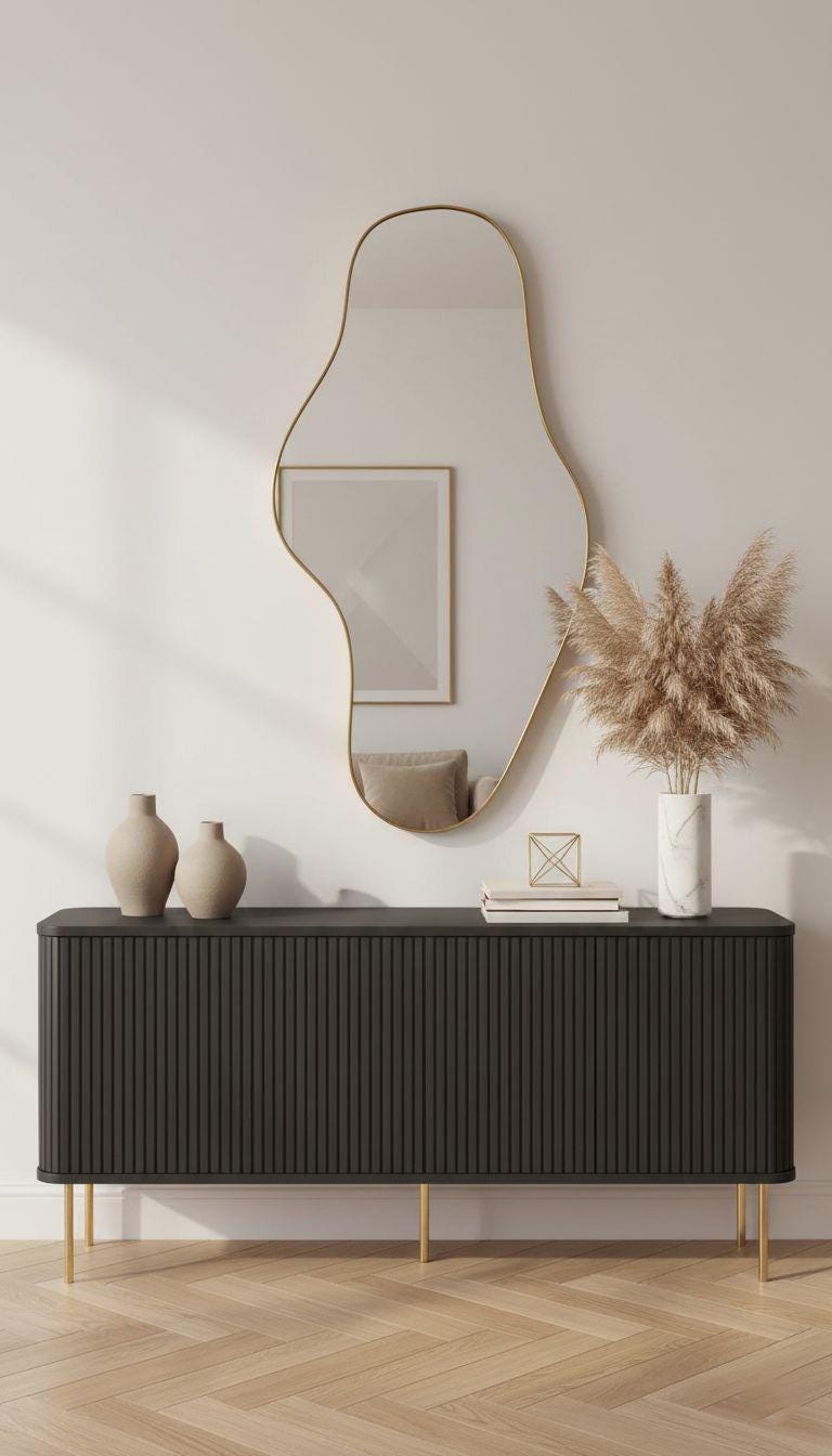 Irregular organic brass mirror above modern console