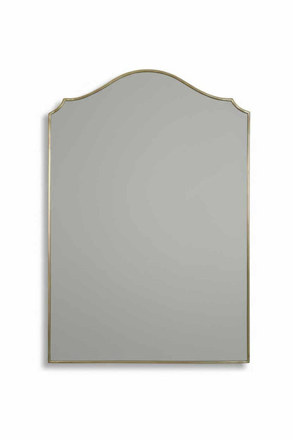 Brass framed arched wall mirror on white background with soft gray reflective surface for product display