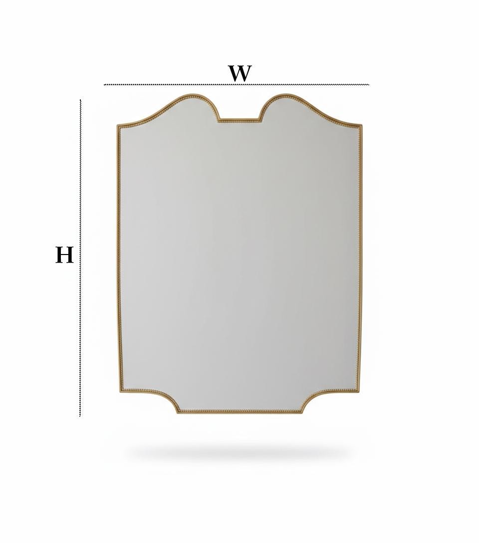 Scalloped brass mirror with curved frame showing height and width diagram