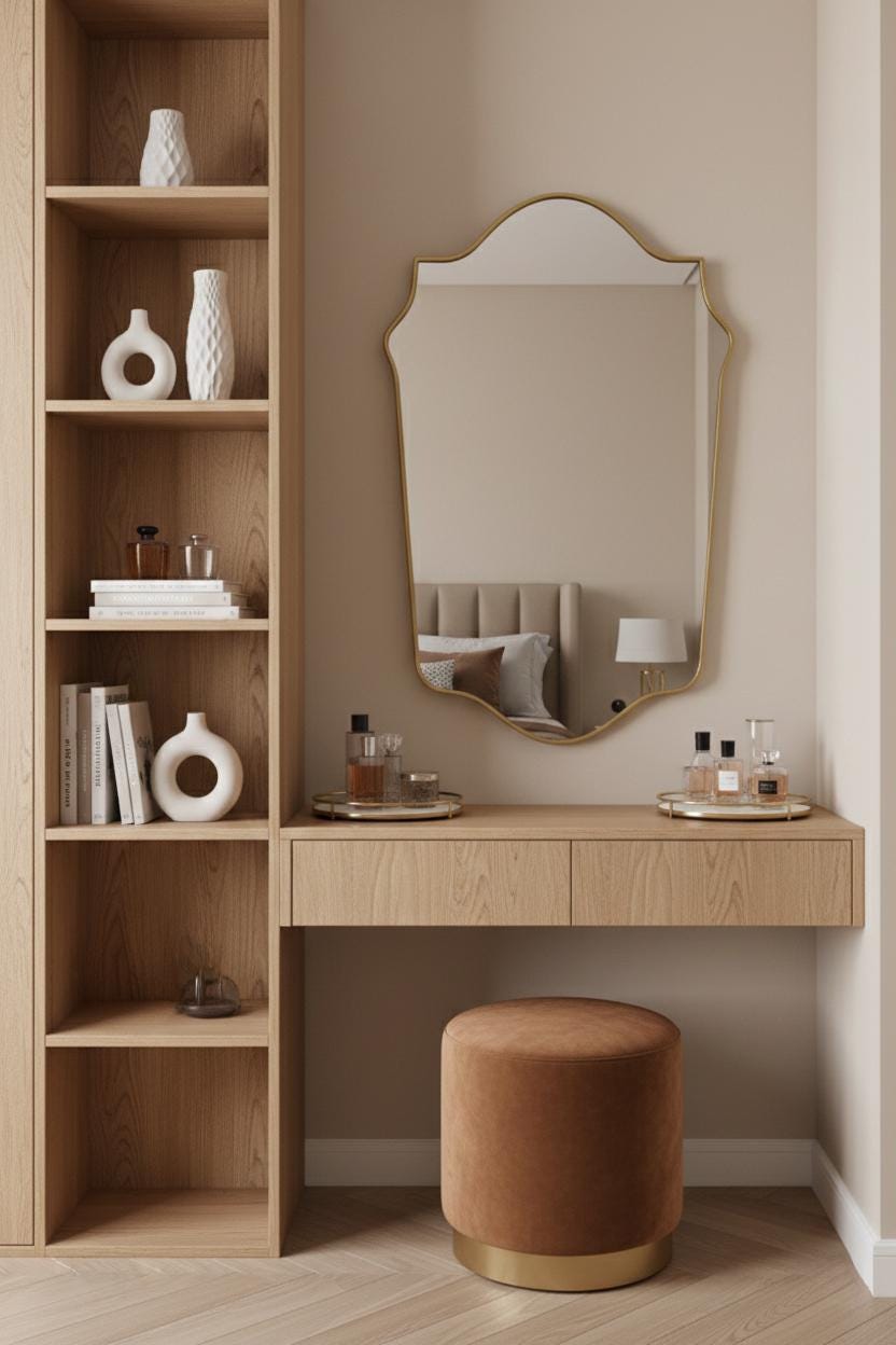 Arched crest brass vanity mirror above wooden dressing table