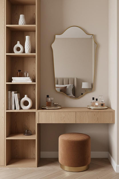 Arched crest brass vanity mirror above wooden dressing table