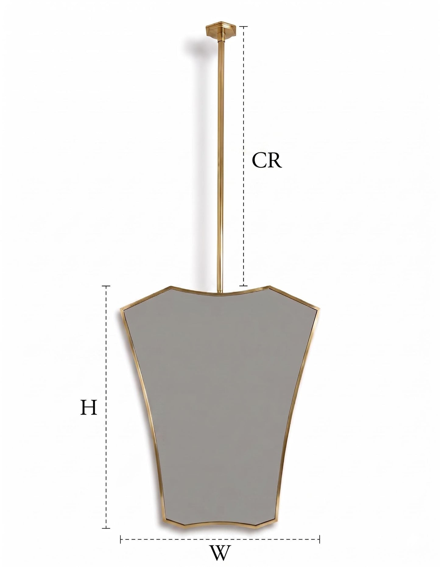 Suspended brass vanity mirror with dimension guide