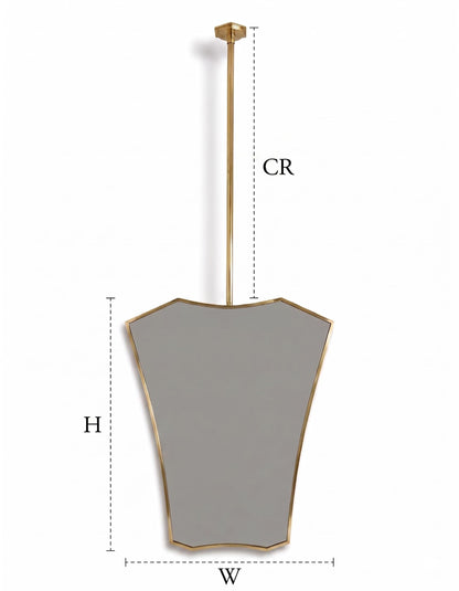 Suspended brass vanity mirror with dimension guide