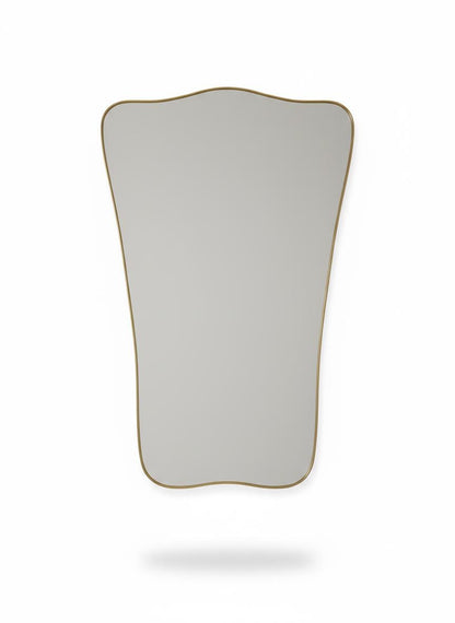 Asymmetrical brass mirror silhouette in a white background