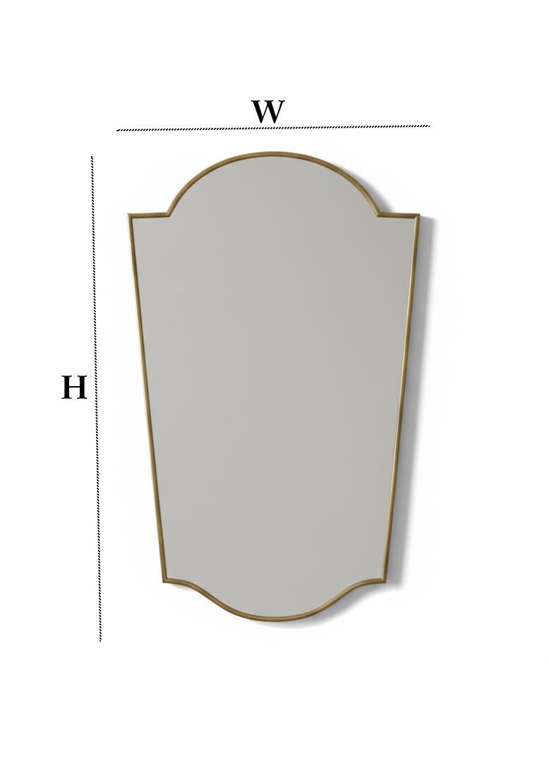 Asymmetrical brass mirror with width and height dimensions