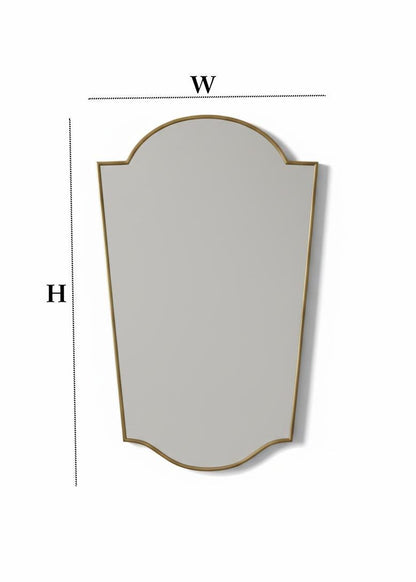 Asymmetrical brass mirror with width and height dimensions