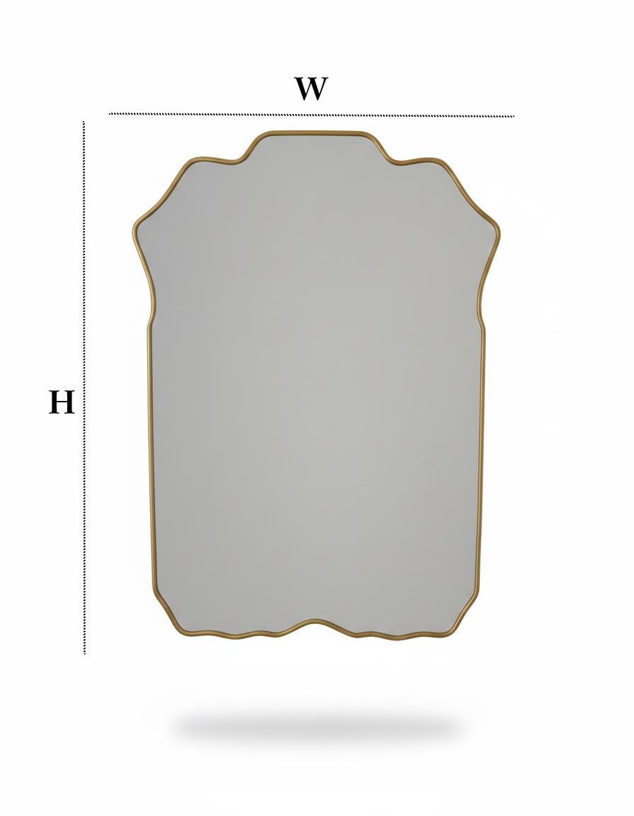 Curved scalloped brass mirror with size dimensions