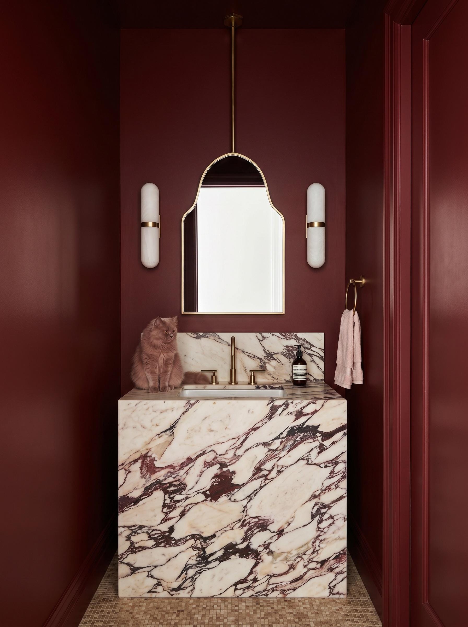 Modern brass arch mirror in burgundy powder room