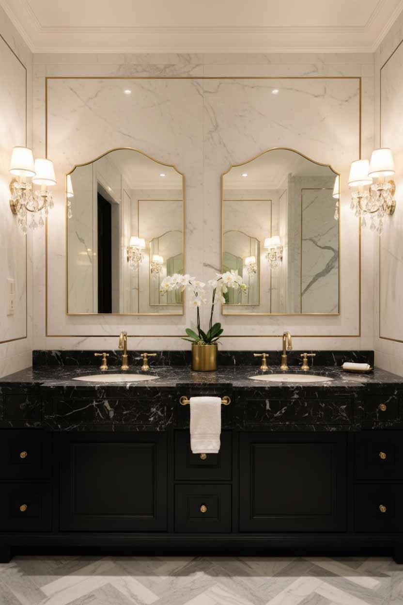 Two brass framed mirrors above black marble double vanity with crystal wall sconces and elegant bathroom décor