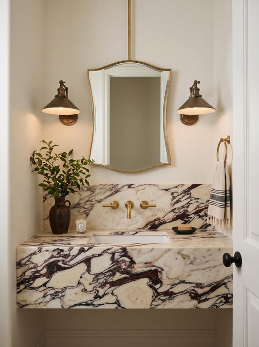 Decorative suspended brass mirror above dramatic marble vanity