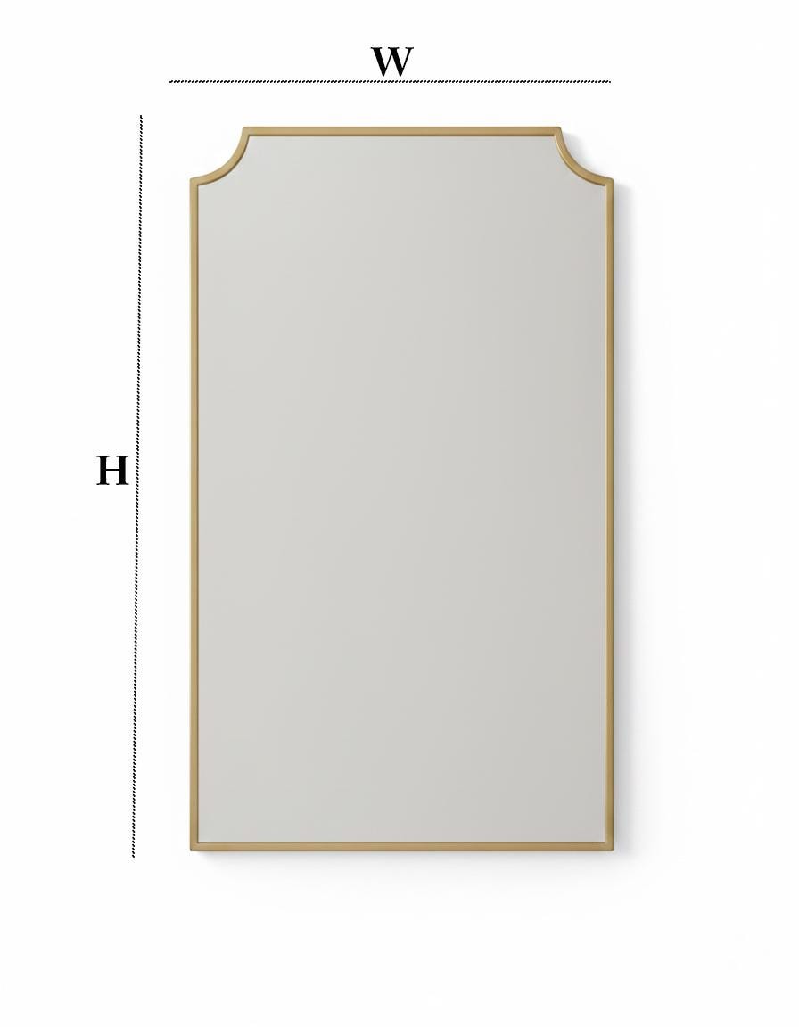 Scalloped brass mirror with size dimensions diagram
