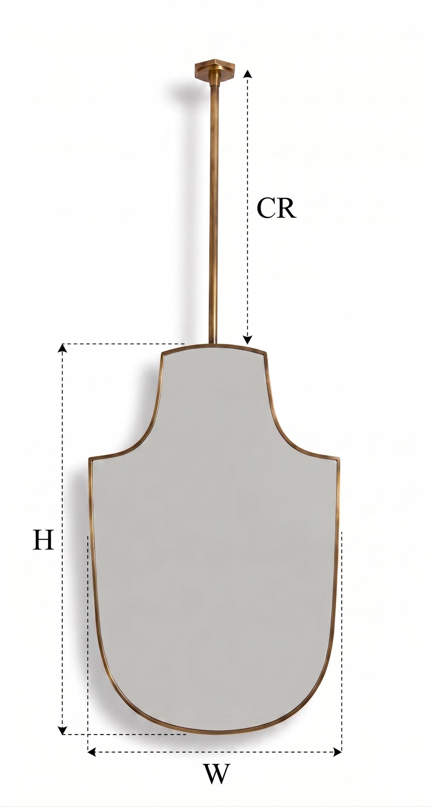Suspended shield brass mirror with dimension guide and ceiling-mounted rod