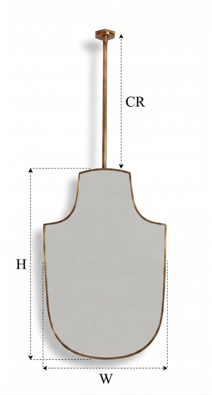 Suspended shield brass mirror with dimension guide and ceiling-mounted rod