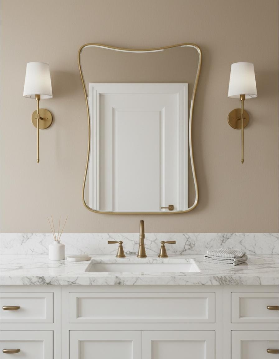 Curved brass vanity mirror above white bathroom sink