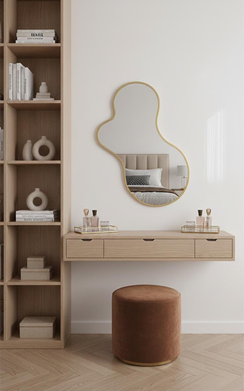 Irregular curved unlacquered brass wall mirror above vanity