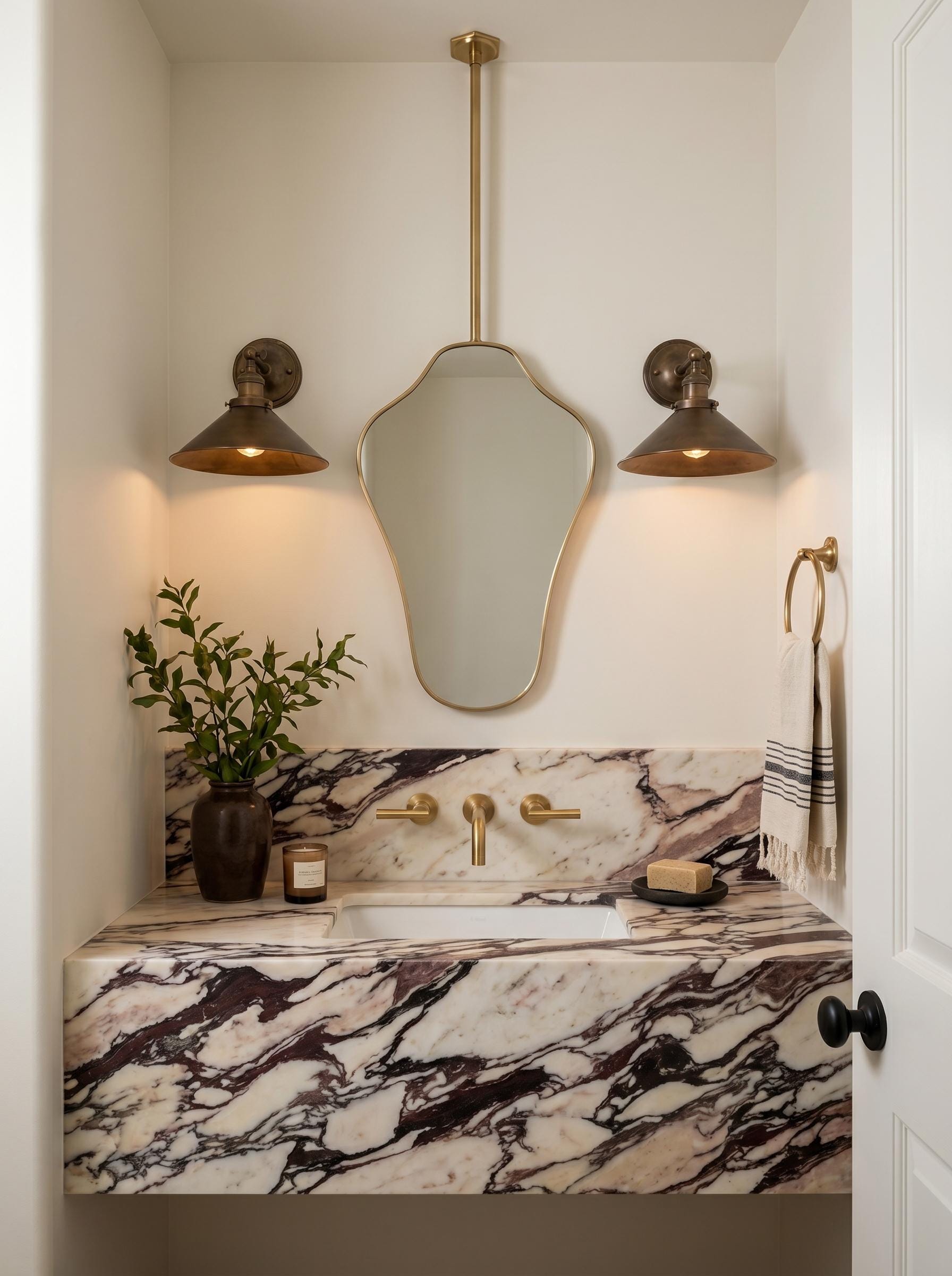 Hanging brass vanity mirror above dramatic marble sink