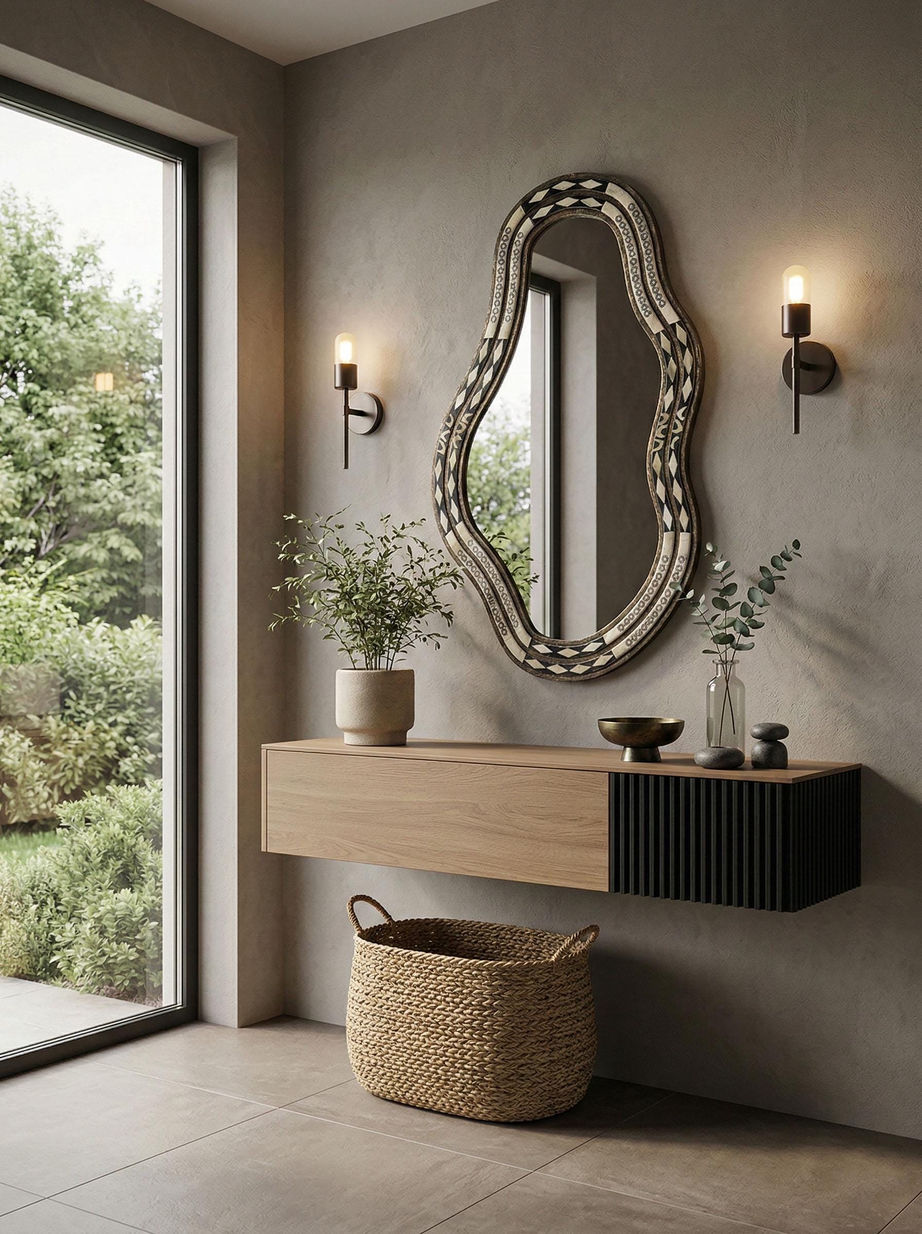 Freeform bone brass mirror above modern wood console table
