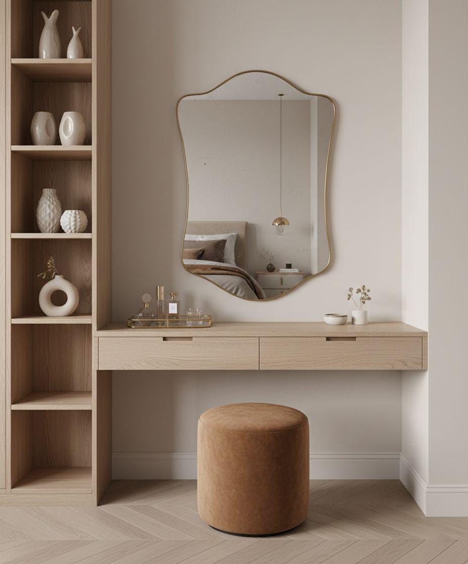 Organic curved brass mirror in minimalist bedroom vanity