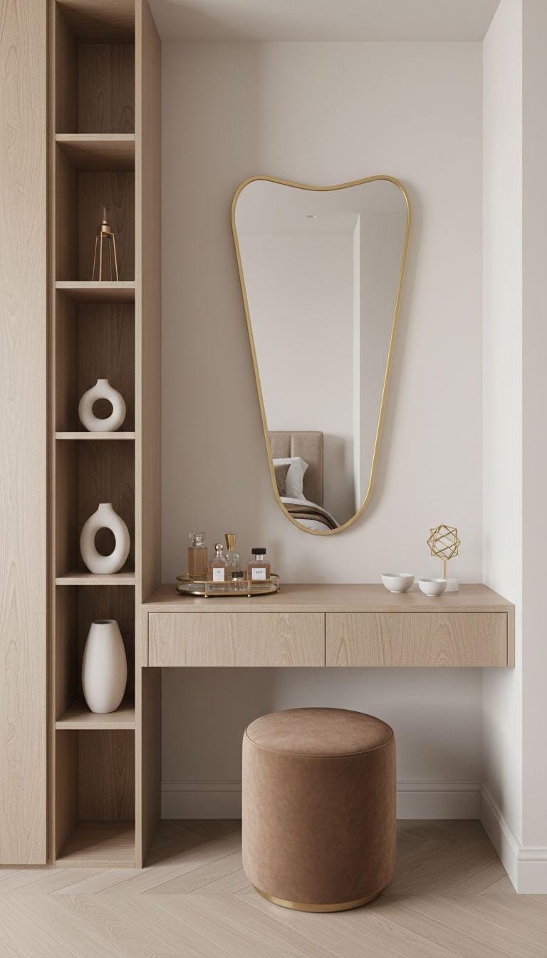 Handmade asymmetrical brass mirror above wooden vanity table