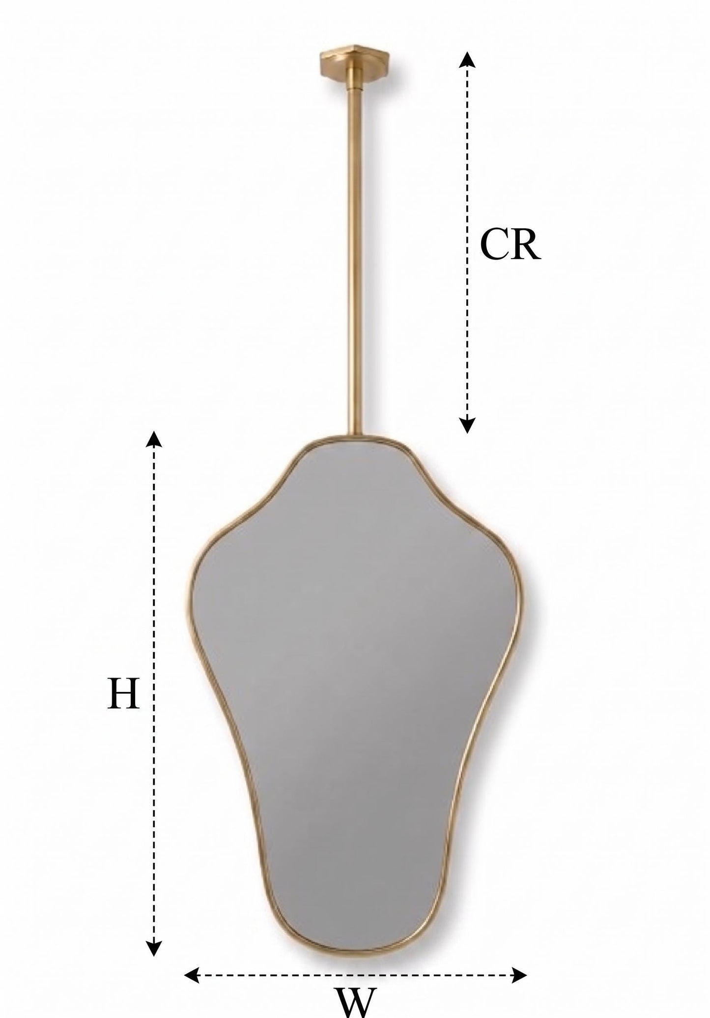 Suspended brass mirror dimension guide with CR, height, and width measurements