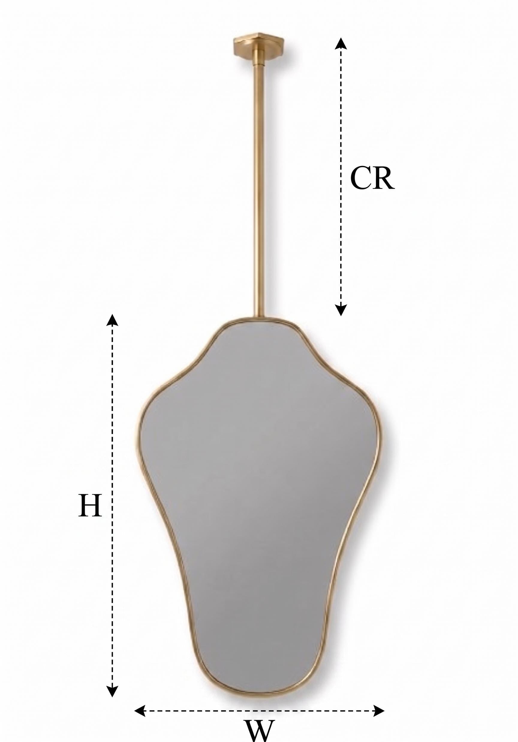 Suspended brass mirror dimension guide with CR, height, and width measurements