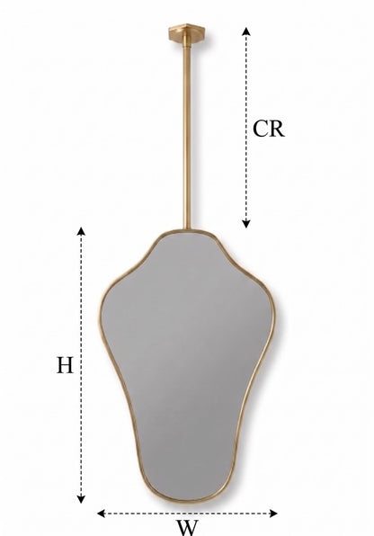 Suspended brass mirror dimension guide with CR, height, and width measurements