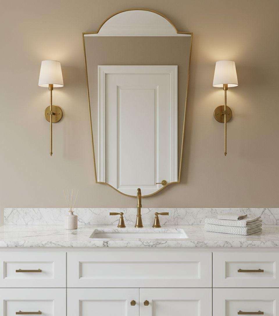 Asymmetrical brass mirror above white bathroom vanity