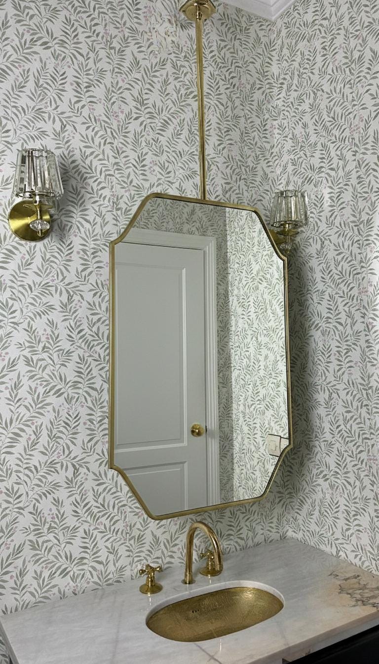 Octagon brass mirror with ceiling mount, front view