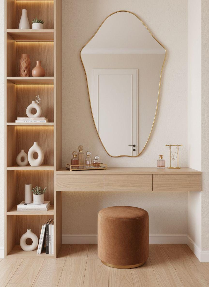 Organic brass wall mirror above minimalist wooden console