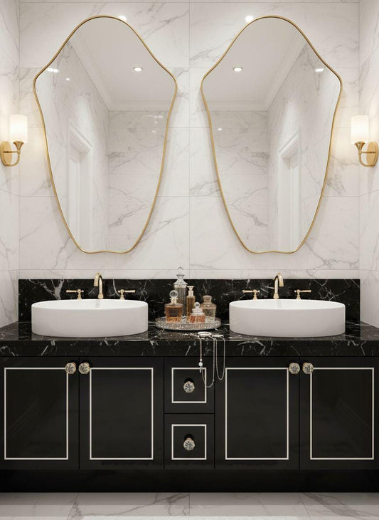 Irregular brass mirror above double vanity in modern bathroom