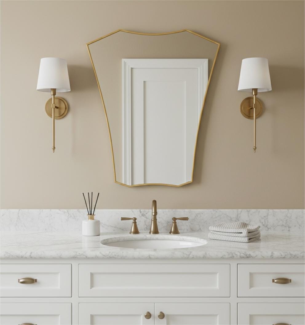 Shield brass bathroom mirror with brass wall sconces
