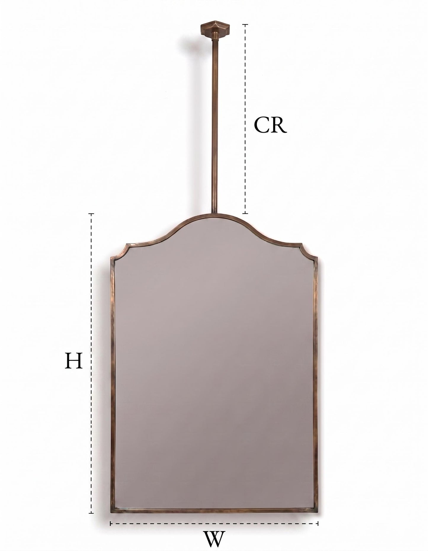 Scalloped brass hanging mirror with ceiling mounted rod