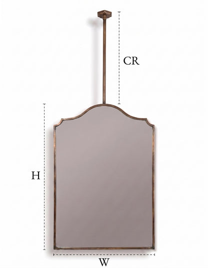 Scalloped brass hanging mirror with ceiling mounted rod